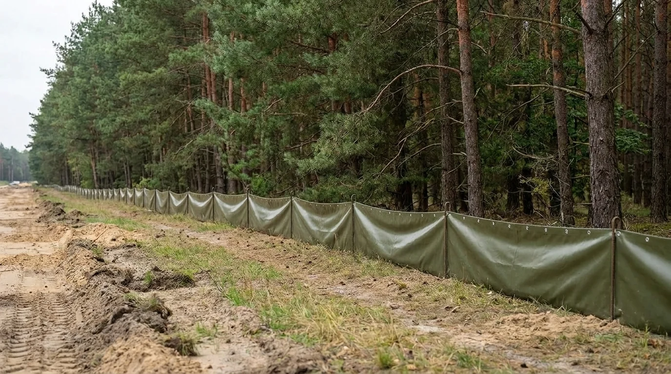 Amphibienschutzzaun am Waldrand sichert geschützte Arten vor der Baufeldräumung
