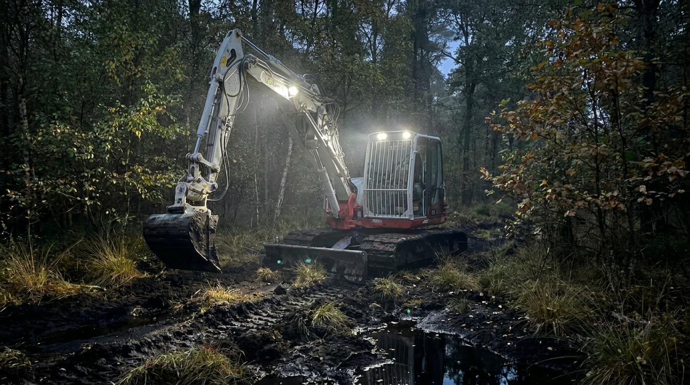 Takeuchi-Kompaktbagger auf Moorketten arbeitet in einer nassen Waldsenke